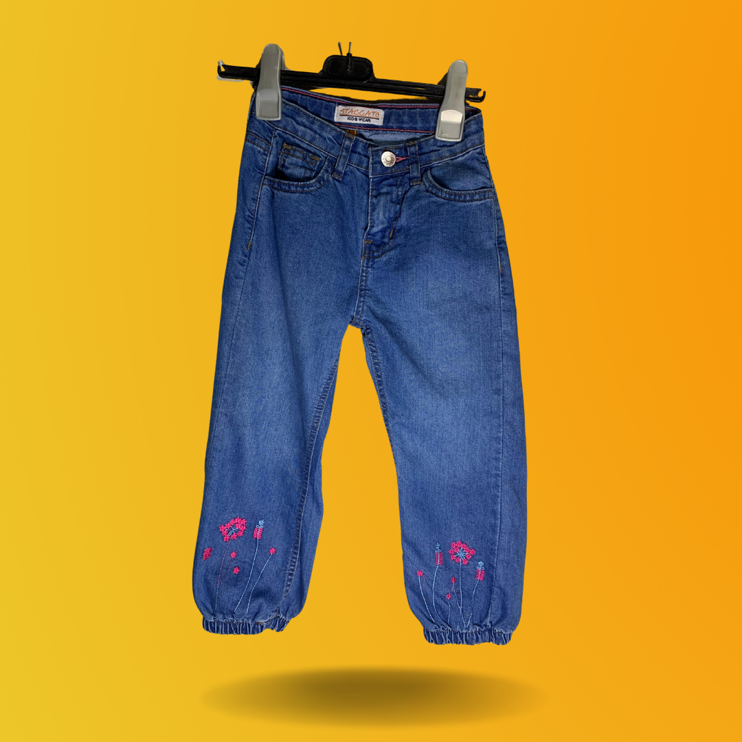 Elasticated Bottom Jeans with Floral Design
